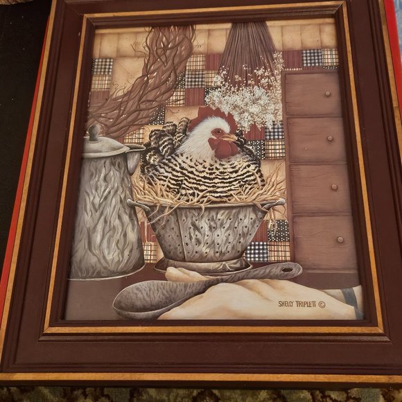 whimsical chicken in her basket framed picture.aprox 8x10 signed - Picture 1 of 8